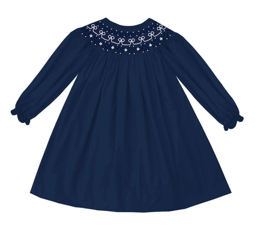 Hand Smocked - Navy Snowflakes & Bows - ETA October to LC