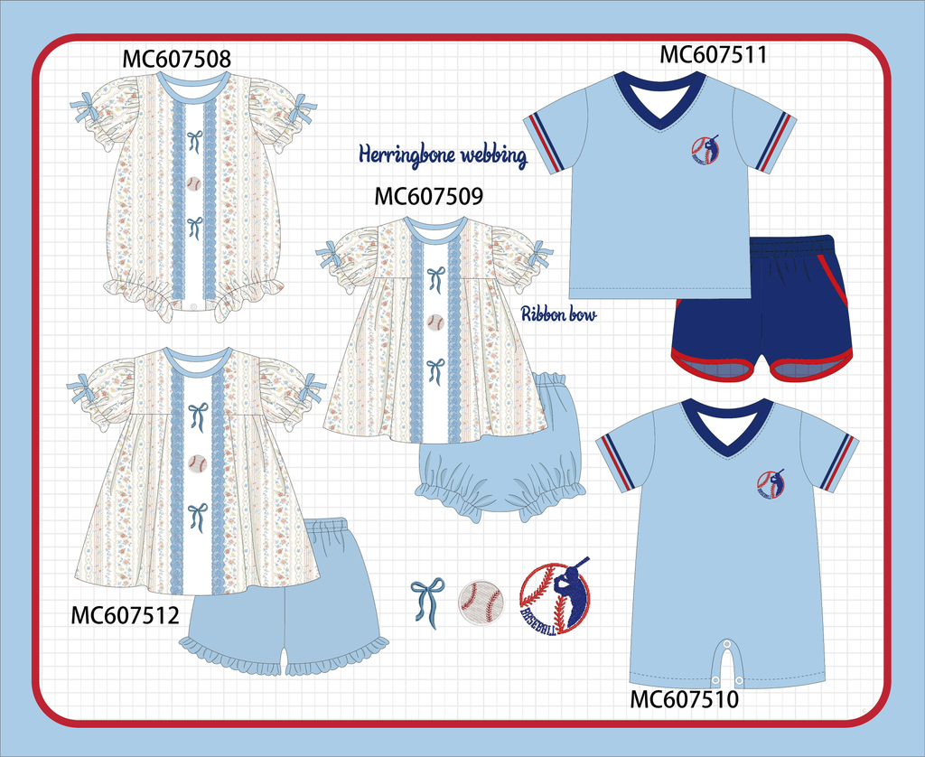 PO99 Blue baseball bow embroidery floral collection