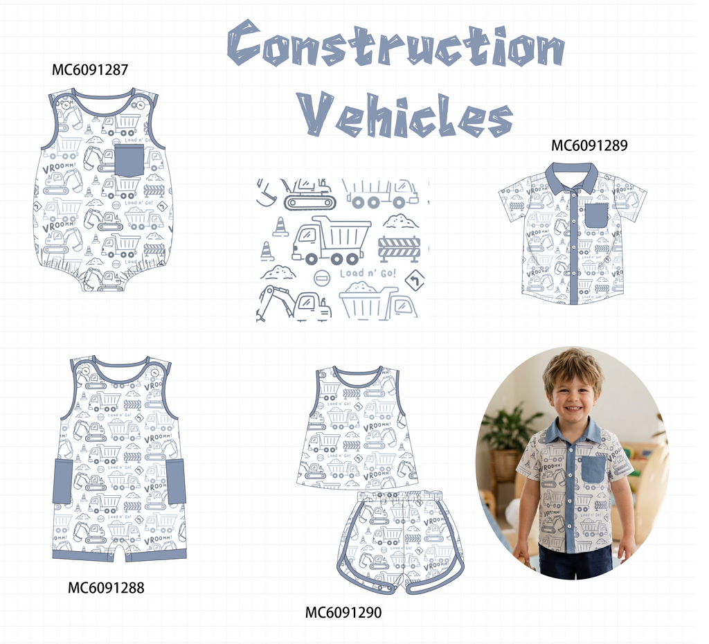 PO107 Blue construction vehicle print boy collection  ETA MARCH