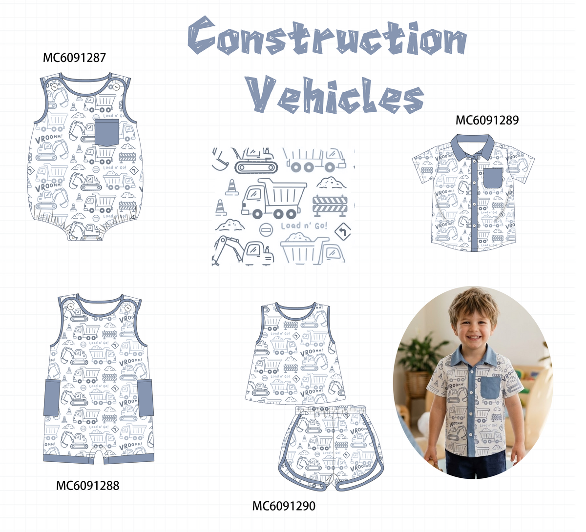 PO107 Blue construction vehicle print boy collection  ETA MARCH
