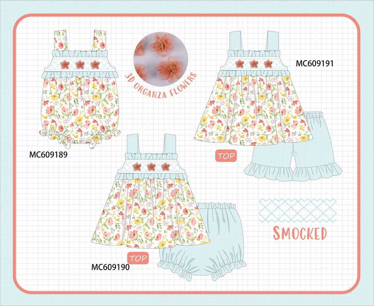 ETA MARCH 2026-po104 Blue floral 3D organza smocked gingham collection