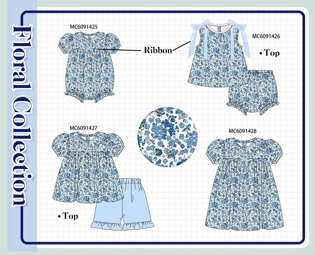 PO107 Blue floral print bow ruffle collection  ETA MARCH