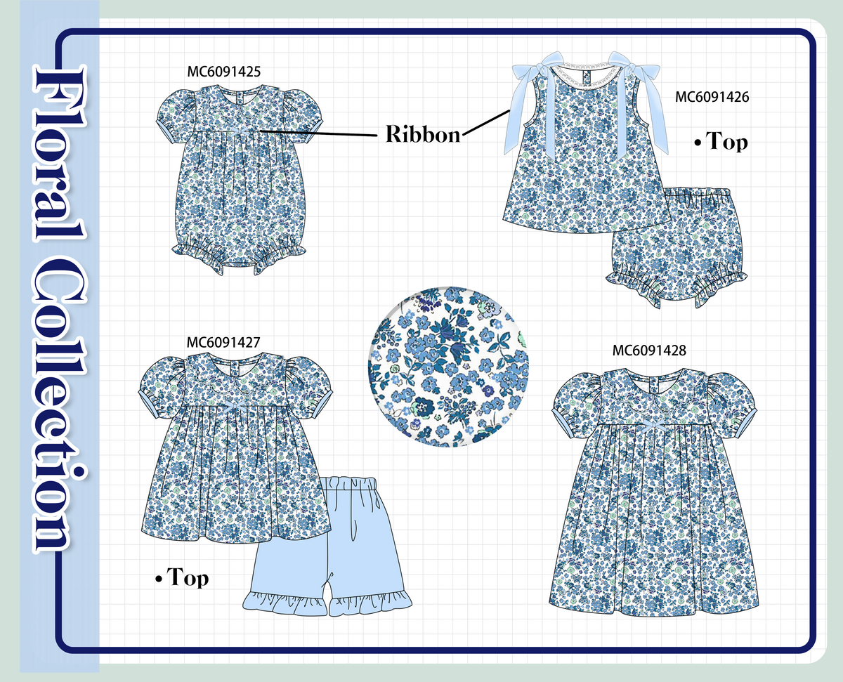 PO107 Blue floral print bow ruffle collection  ETA MARCH