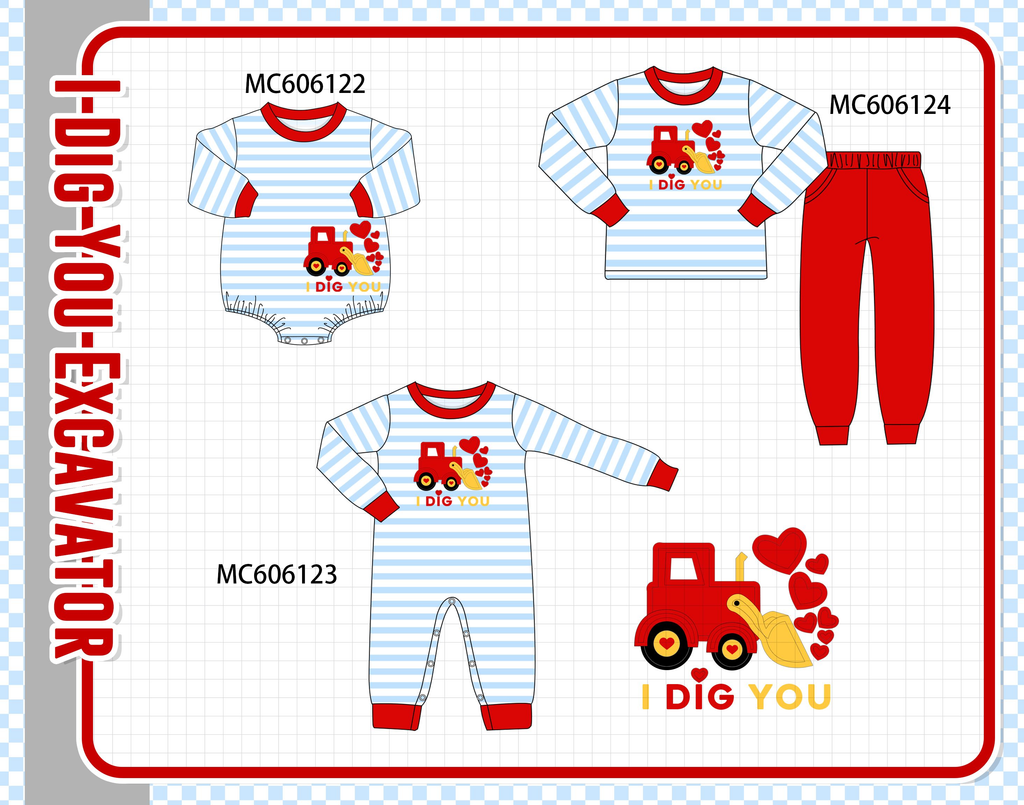 PO95 Blue stripe I dig you excavator applique collection - ETA early December to LC