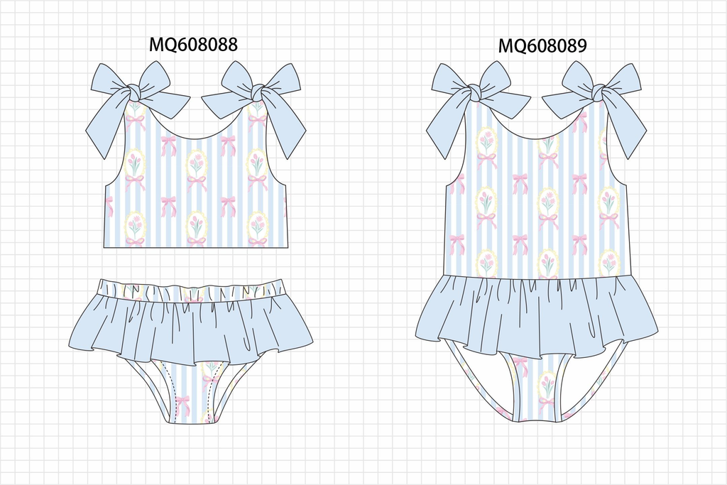 ETA MARCH 2026-po103 Blue stripe floral bow print ruffle swimsuit