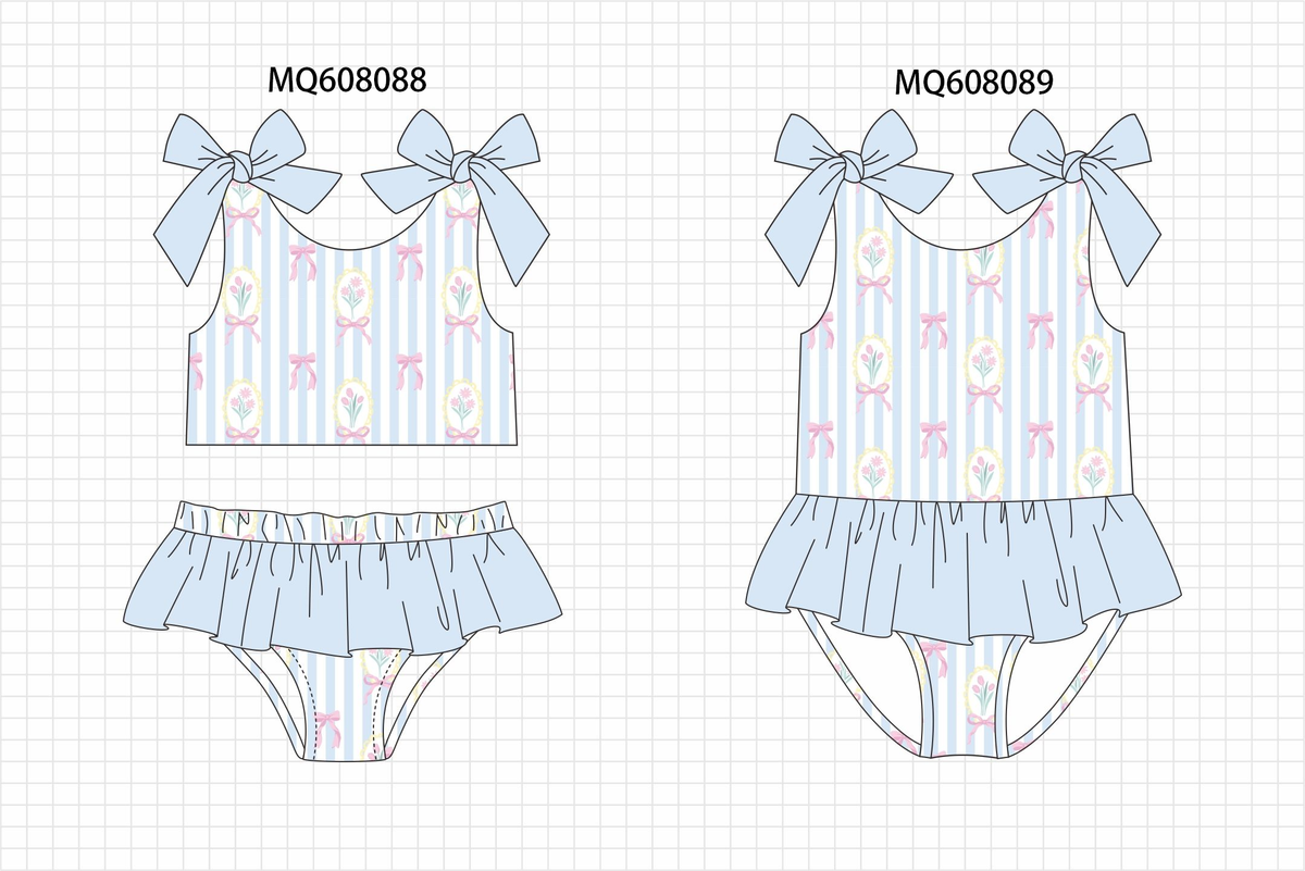 ETA MARCH 2026-po103 Blue stripe floral bow print ruffle swimsuit