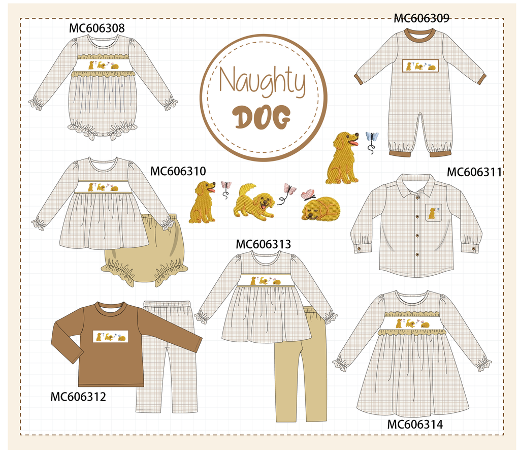 PO95 Brown puppy embroidery plaid collection - ETA early December to LC