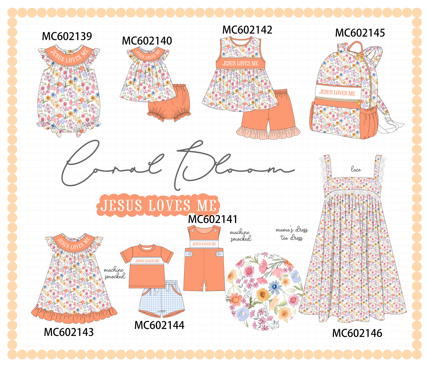 PO81 Coral floral jesus loves me smocked collection