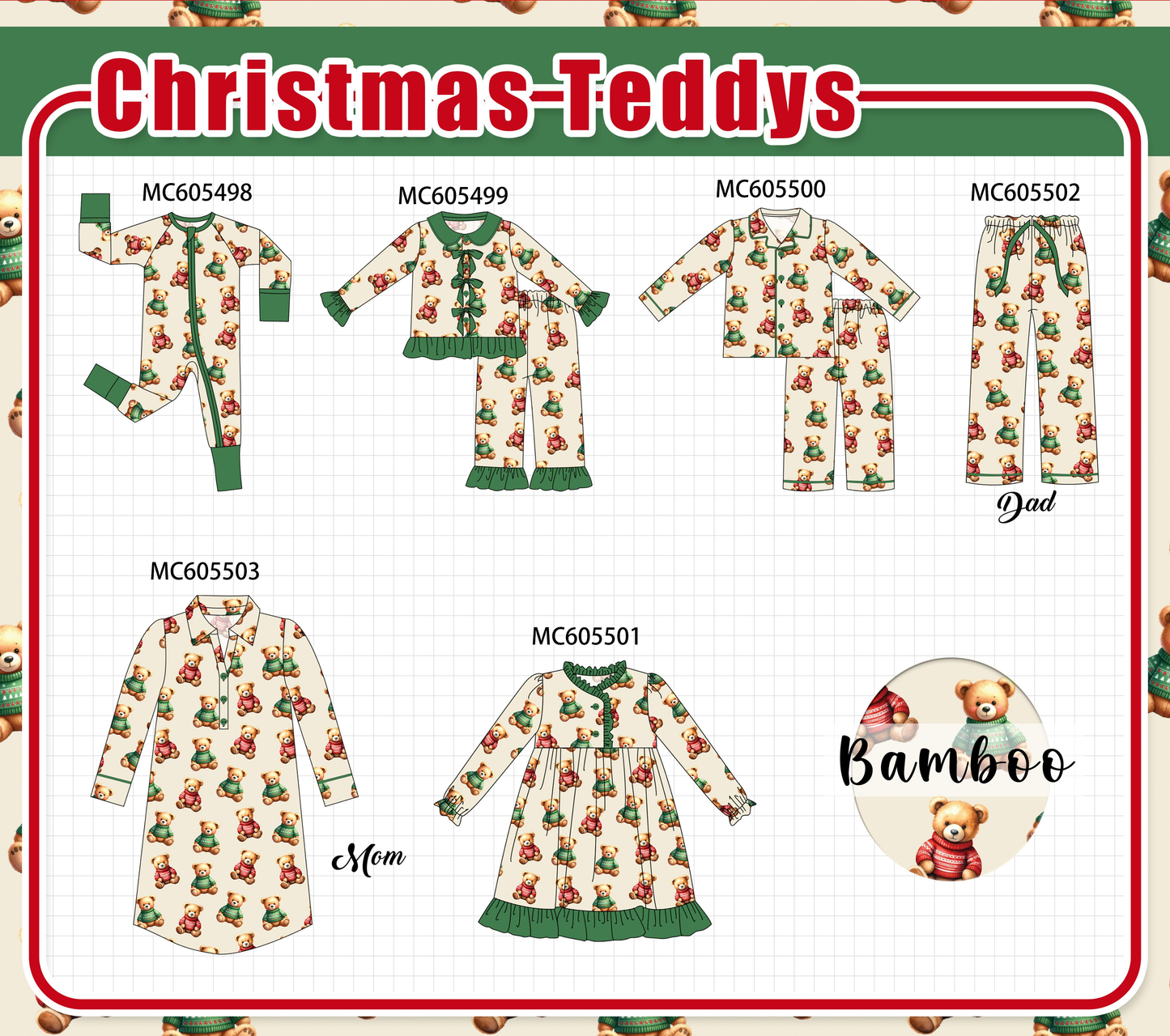 PO93 Green christmas teddy print bamboo collection - ETA mid-November to LC