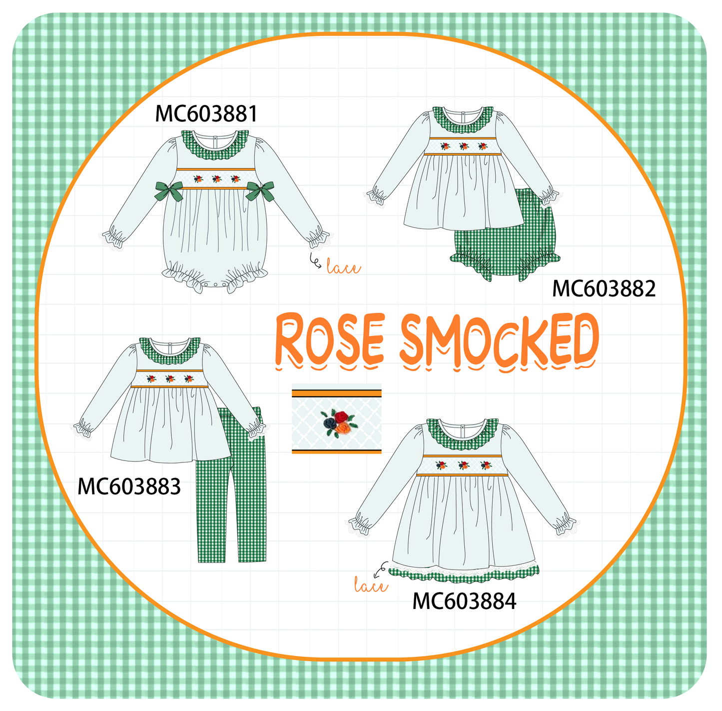 PO85 Green rose smocked gingham ruffle collection - ETA  LATE AUGUST to LC