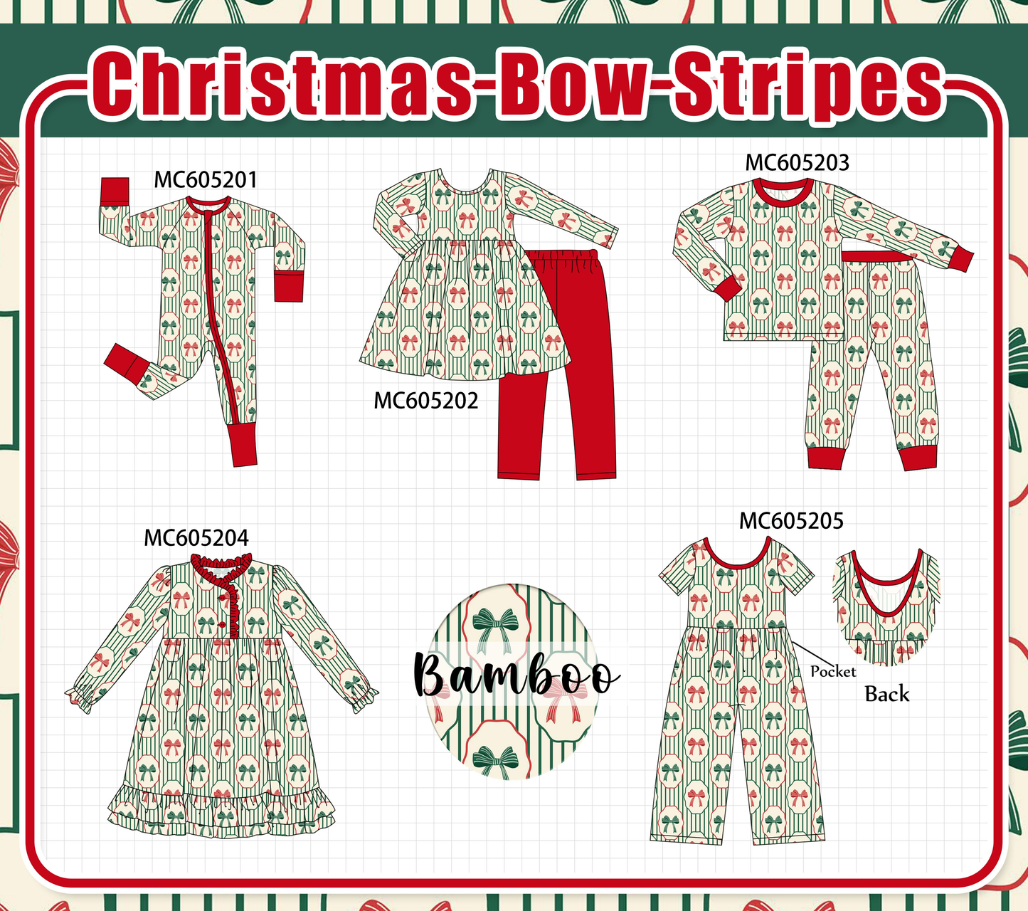 PO92 Green stripe christmas bow bamboo collection - ETA early November to LC