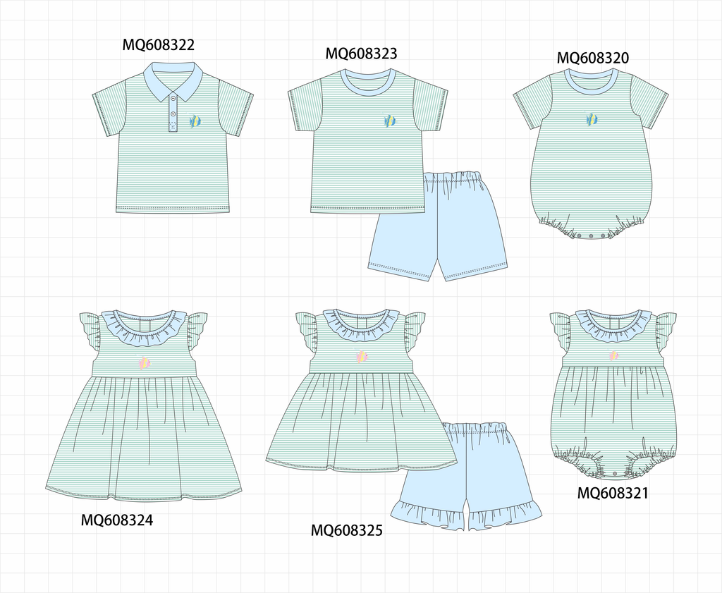 ETA MARCH 2026-po103 Green stripe fish embroidery ruffle colleciton