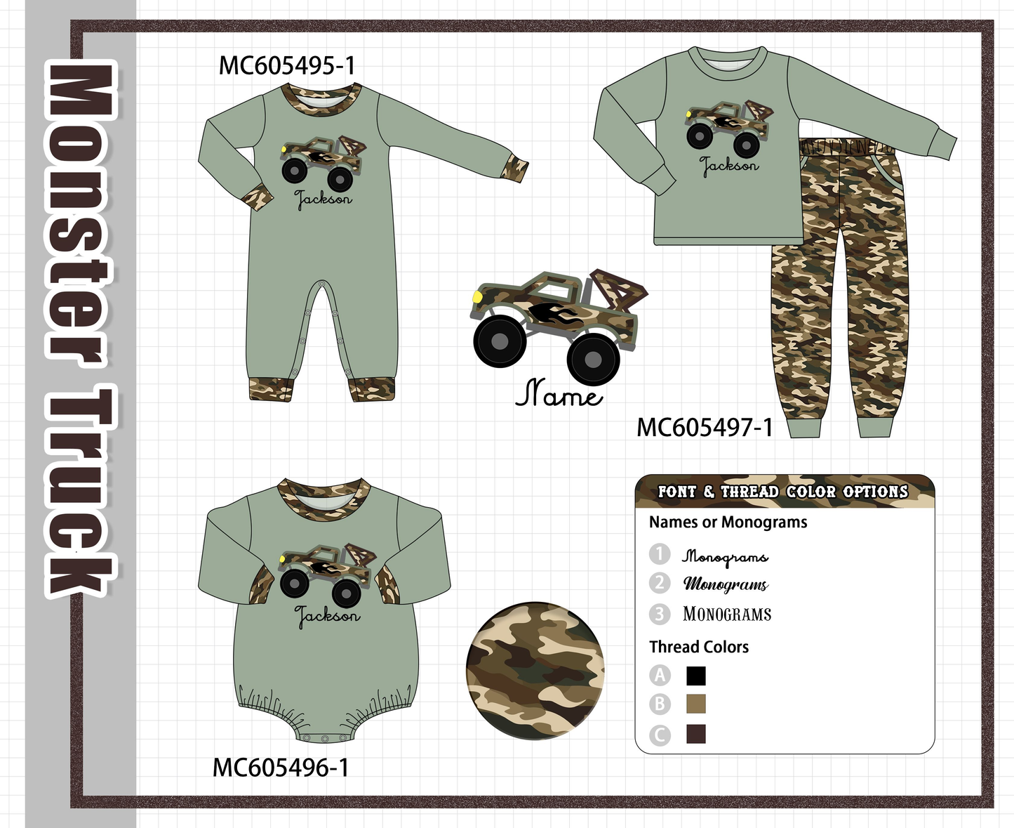 PO93 Gren leopard truck applique monogram embroidery collection - ETA mid-November to LC