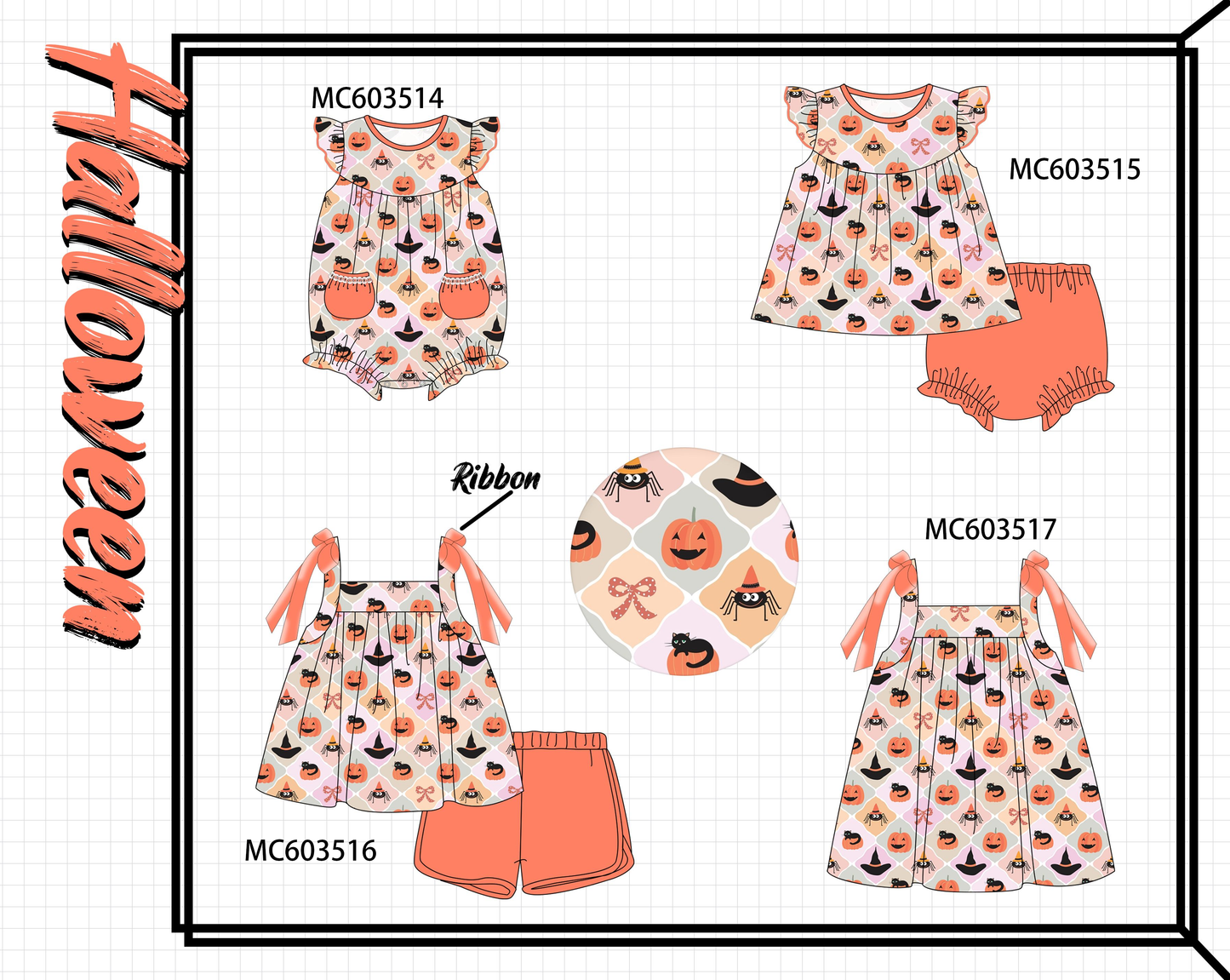 PO85 Halloween pumpkin spider bow ribbon ruffle collection - ETA  LATE AUGUST to LC