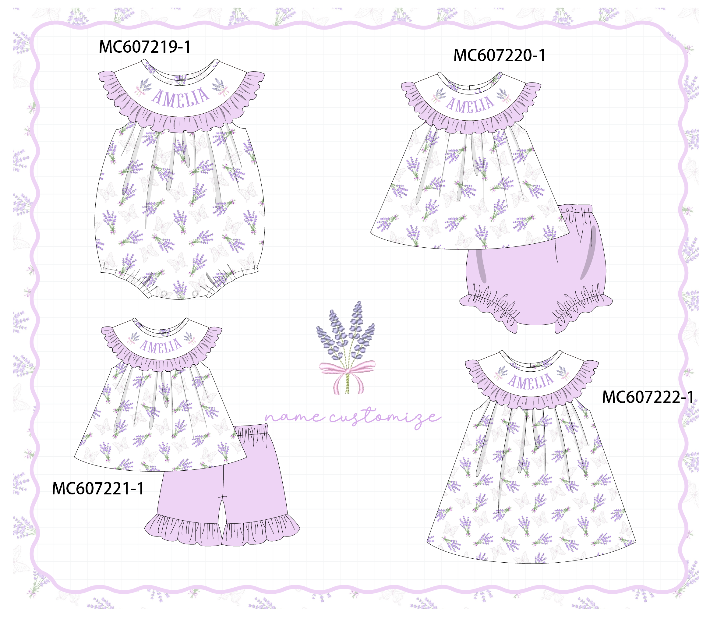 PO99 Lavender bow monogram embroidery ruffle collection