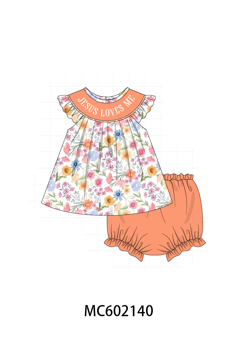 PO81 Coral floral jesus loves me smocked collection