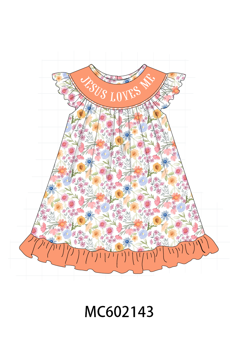 PO81 Coral floral jesus loves me smocked collection