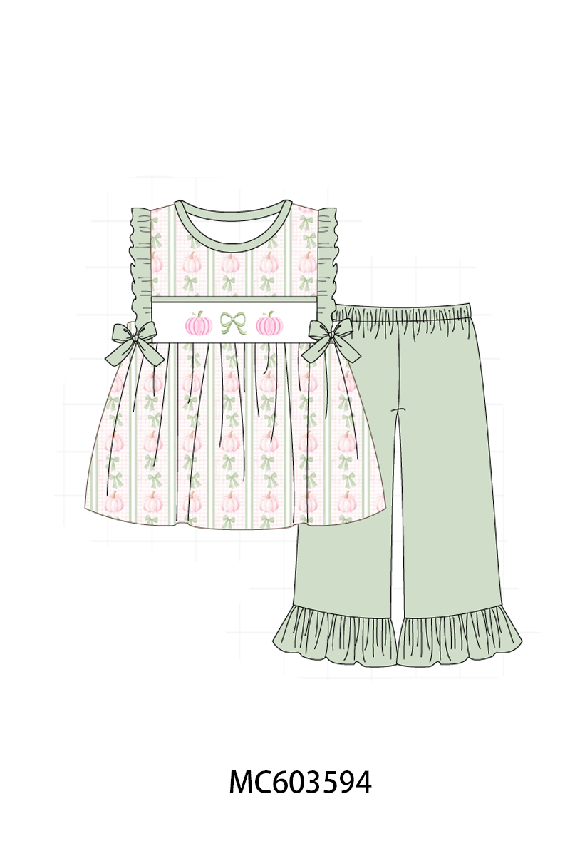 PO85 Sage pumpkin bow eembroidery stripe ruffle collection - ETA  LATE AUGUST to LC