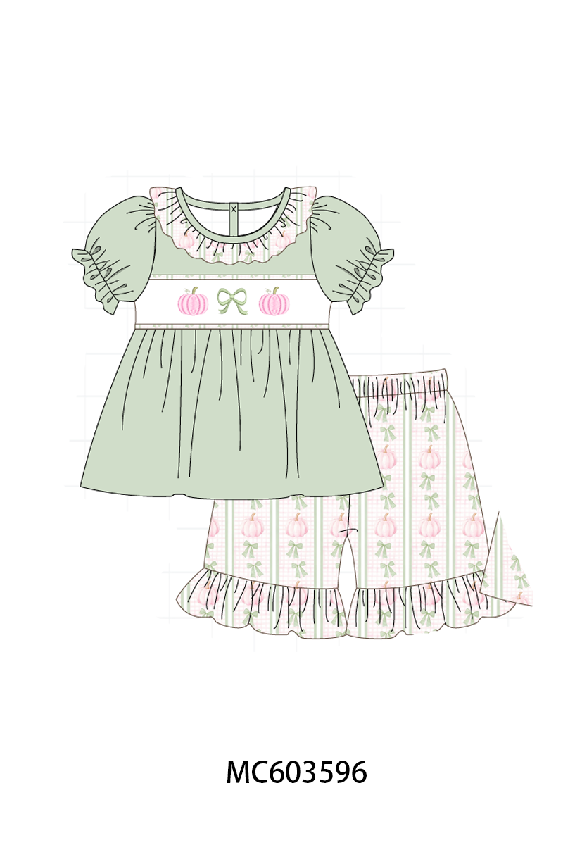 PO85 Sage pumpkin bow eembroidery stripe ruffle collection - ETA  LATE AUGUST to LC
