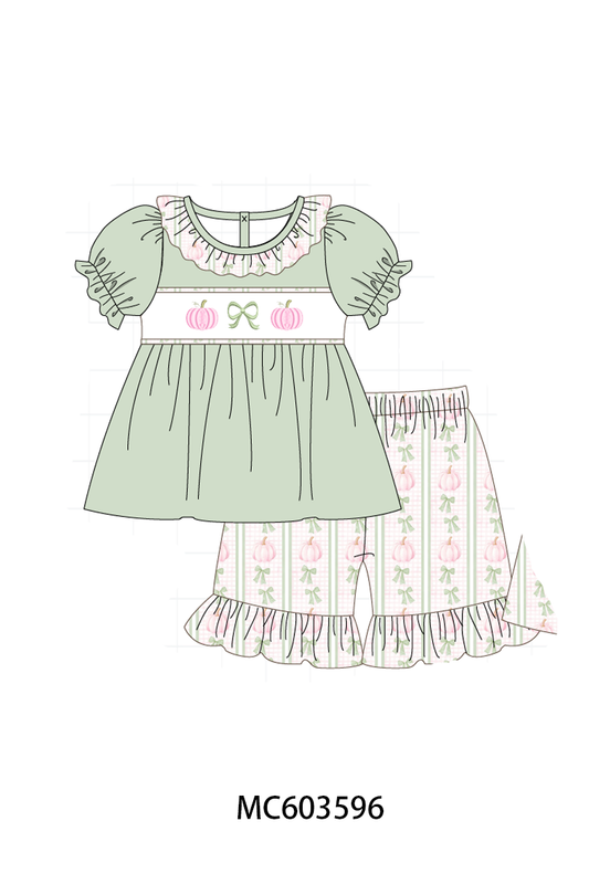 PO85 Sage pumpkin bow eembroidery stripe ruffle collection - ETA  LATE AUGUST to LC