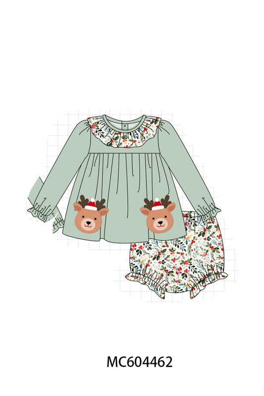 PO88 Sage christmas reindeer applique floral ruffle collection (ETA September to LC)