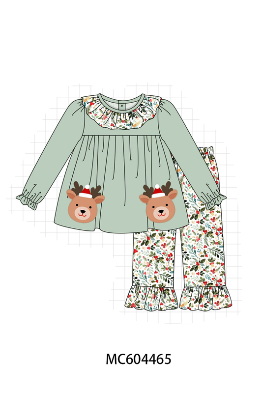 PO88 Sage christmas reindeer applique floral ruffle collection (ETA September to LC)