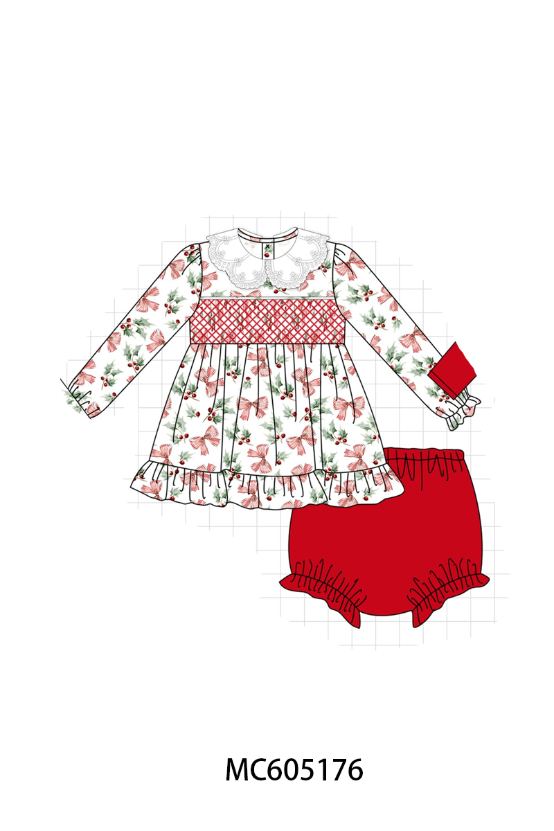 PO92 Red christmas holly bow smocked collection - ETA early November to LC