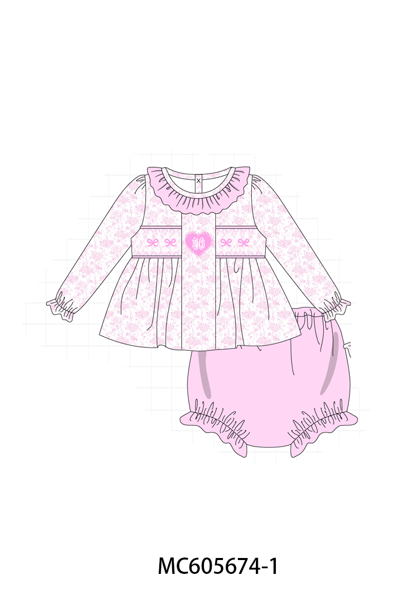 PO95 Pink bow monogram embroidery smocked ruffle collection - ETA early December to LC