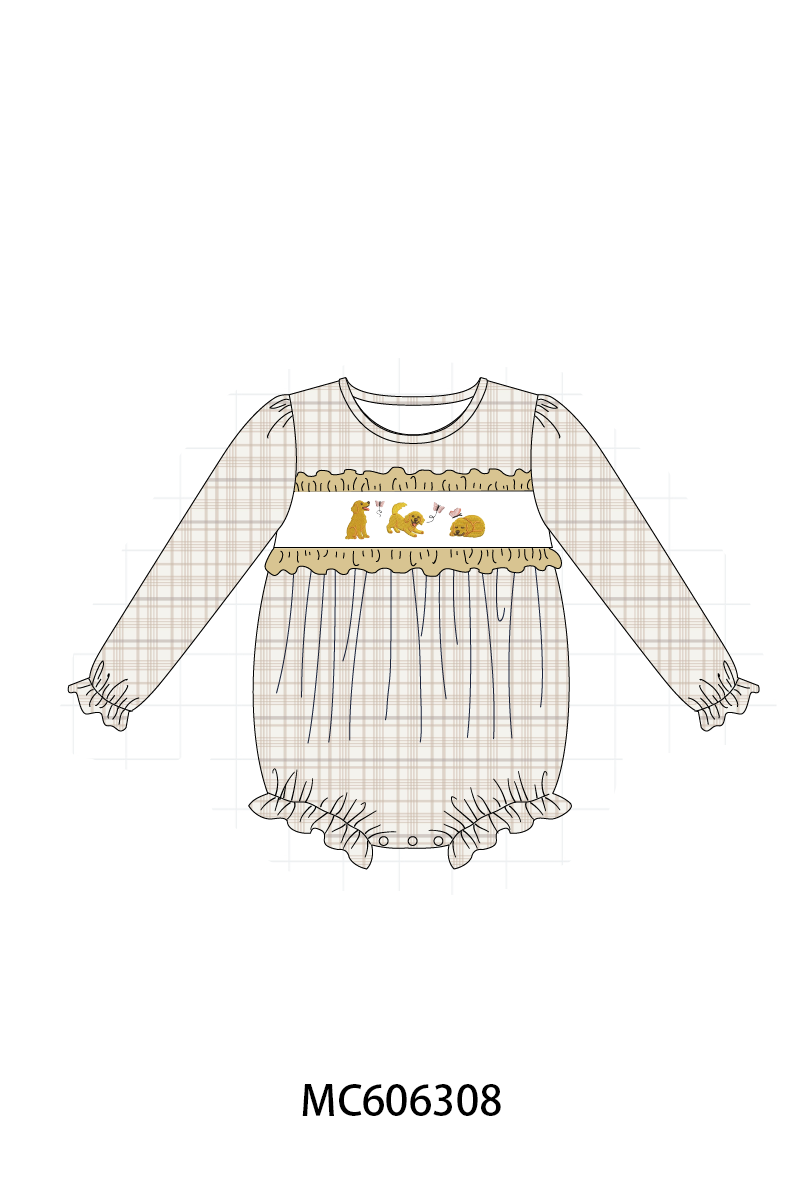 PO95 Brown puppy embroidery plaid collection - ETA early December to LC