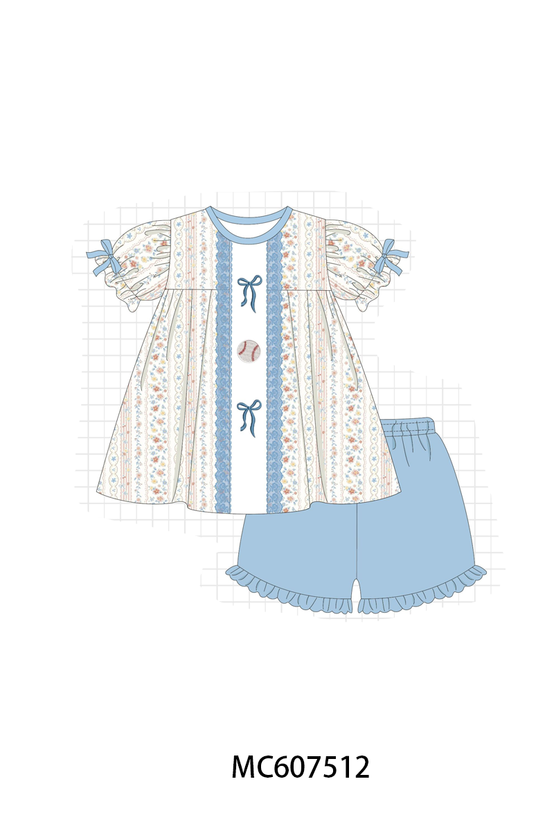 PO99 Blue baseball bow embroidery floral collection