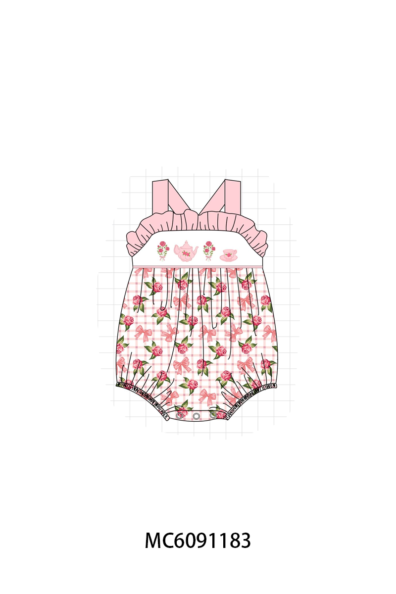 PO107 Pink floral bow teapot embroidery ruffle collection  ETA MARCH