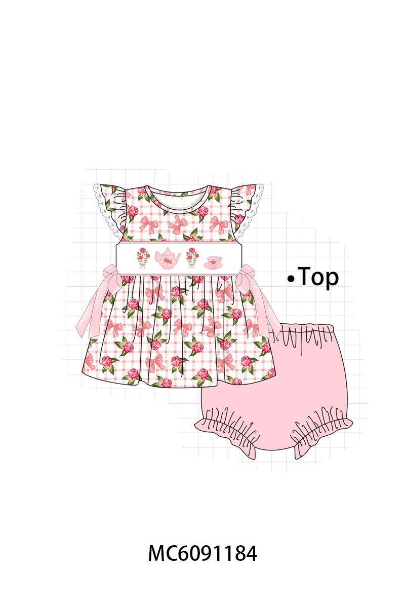 PO107 Pink floral bow teapot embroidery ruffle collection  ETA MARCH