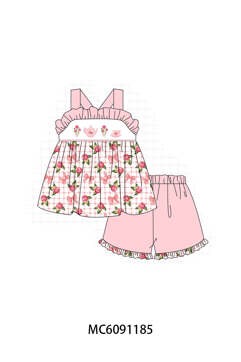 PO107 Pink floral bow teapot embroidery ruffle collection  ETA MARCH