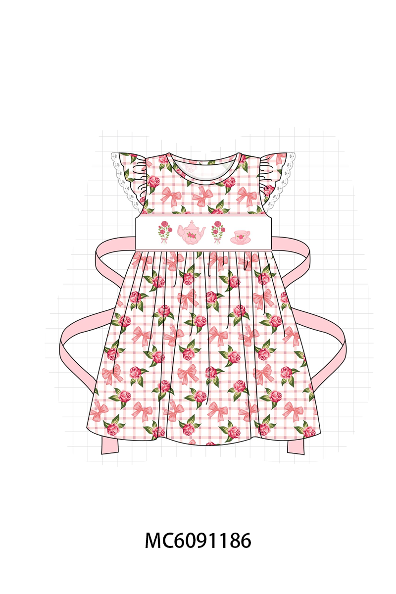 PO107 Pink floral bow teapot embroidery ruffle collection  ETA MARCH