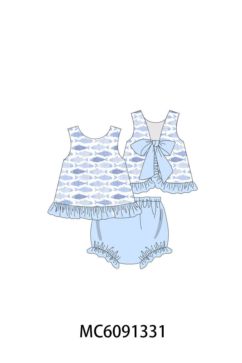 PO107 Blue fish print ruffle collection  ETA MARCH