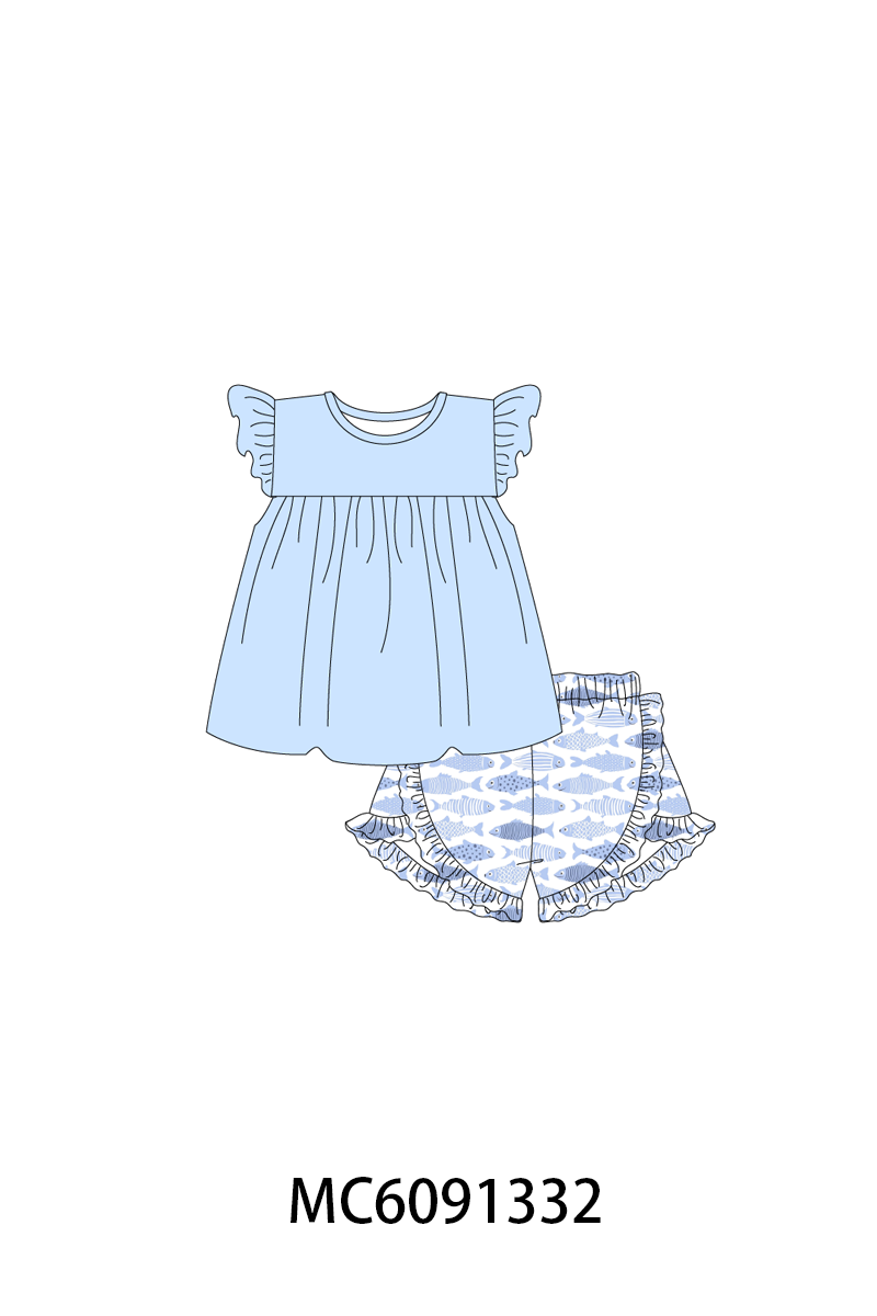 PO107 Blue fish print ruffle collection  ETA MARCH