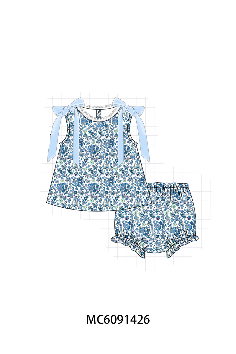 PO107 Blue floral print bow ruffle collection  ETA MARCH