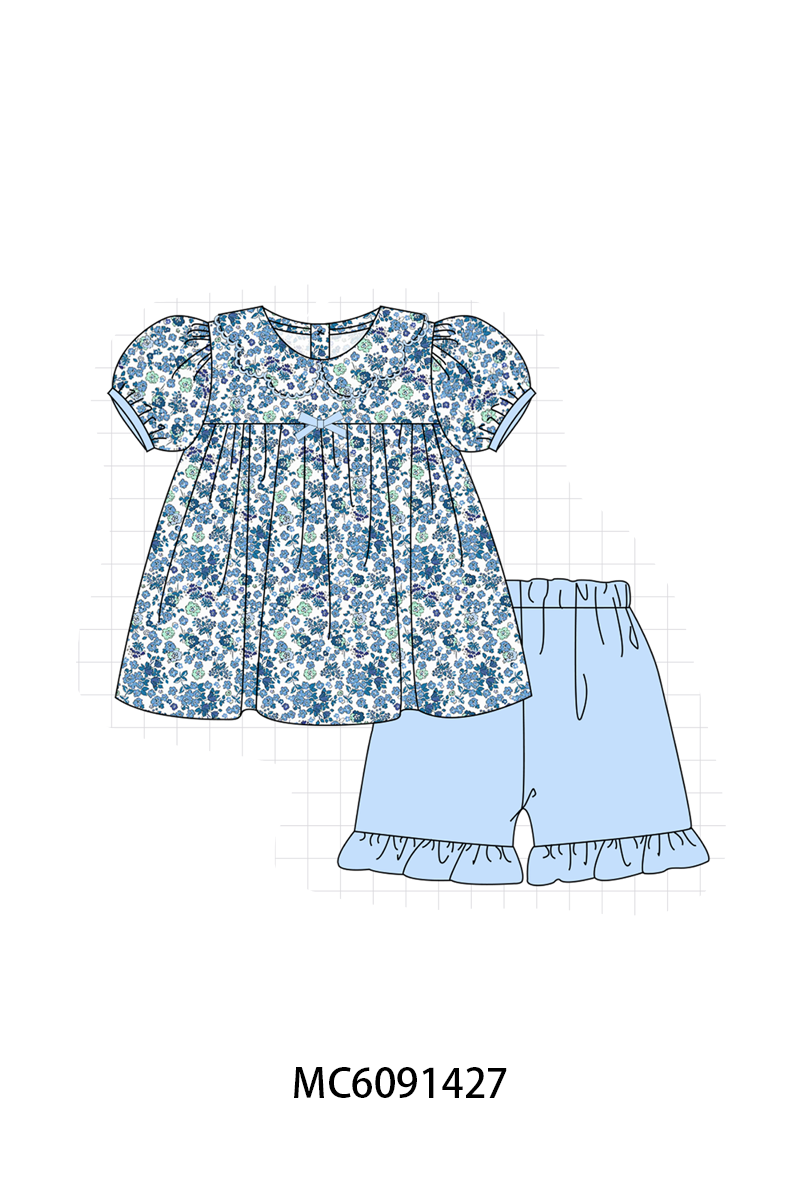 PO107 Blue floral print bow ruffle collection  ETA MARCH