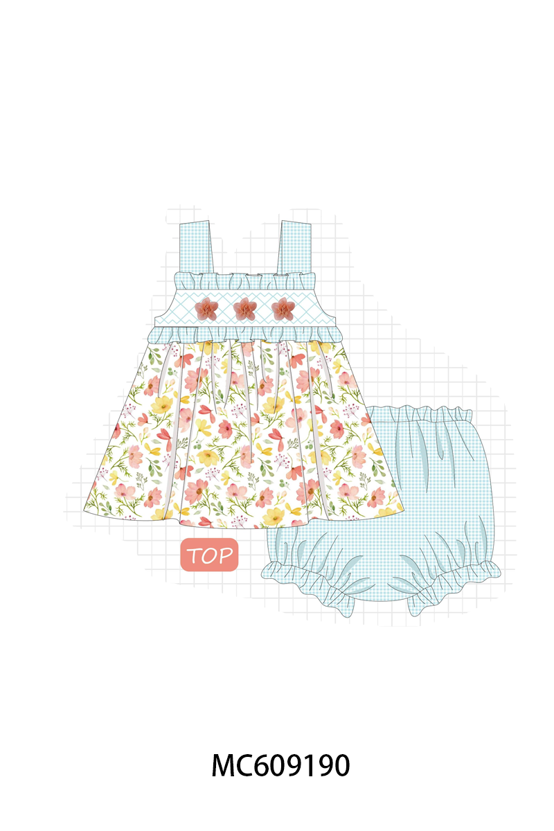 ETA MARCH 2026-po104 Blue floral 3D organza smocked gingham collection