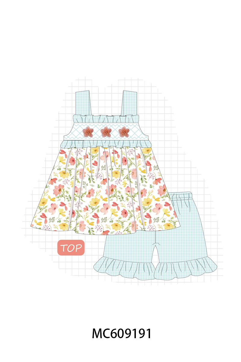 ETA MARCH 2026-po104 Blue floral 3D organza smocked gingham collection