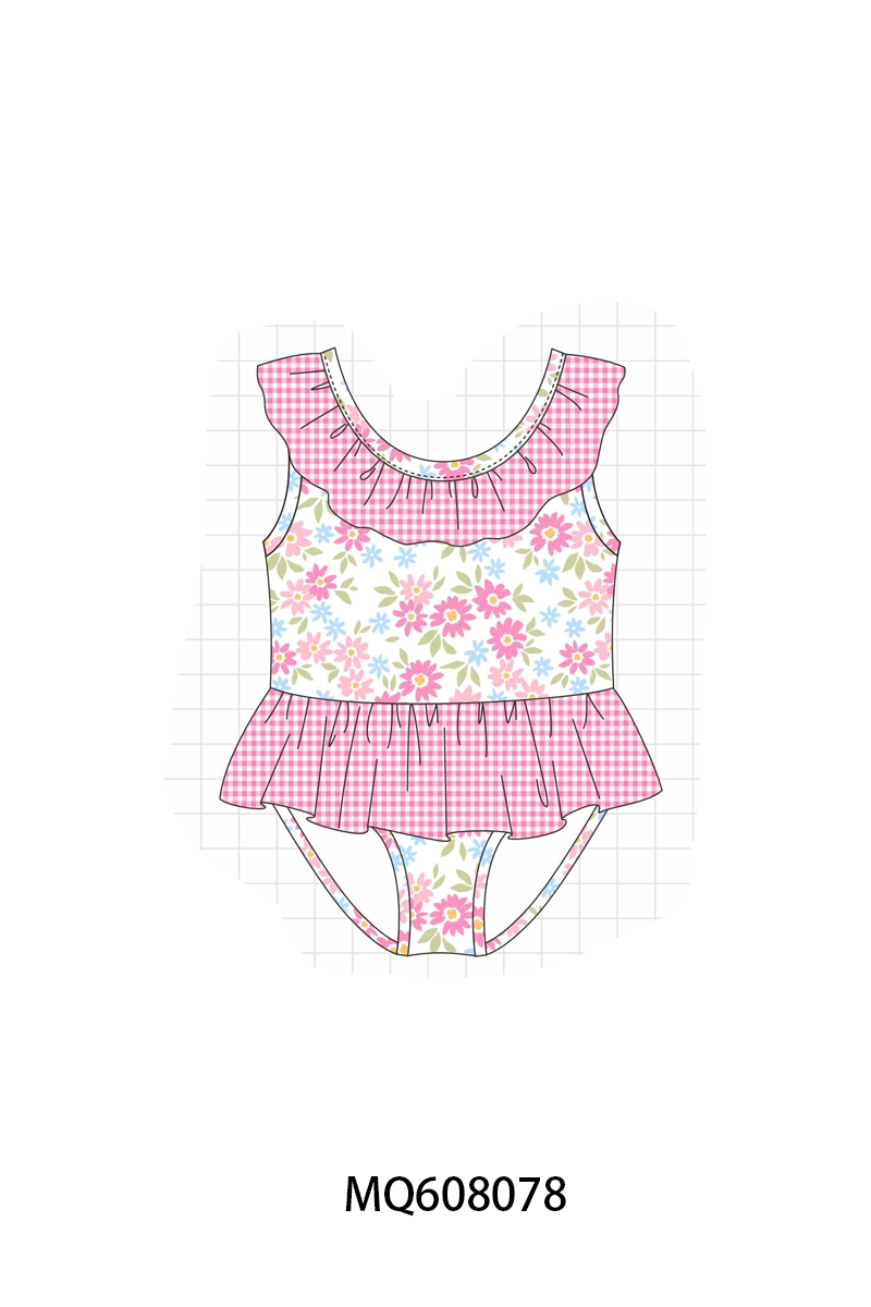 ETA MARCH 2026-po103 Pink floral print ruffle swimsuit