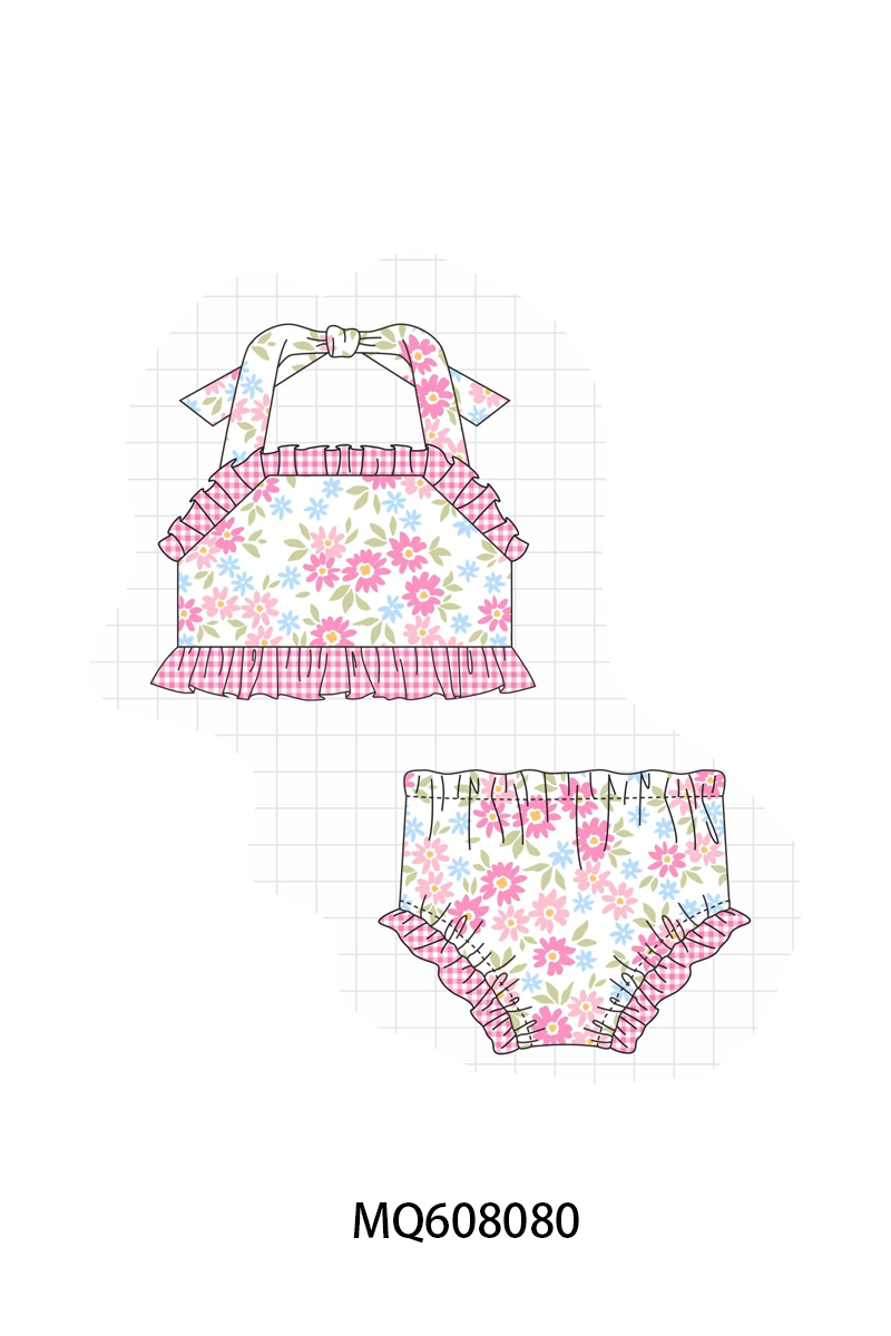 ETA MARCH 2026-po103 Pink floral print ruffle swimsuit