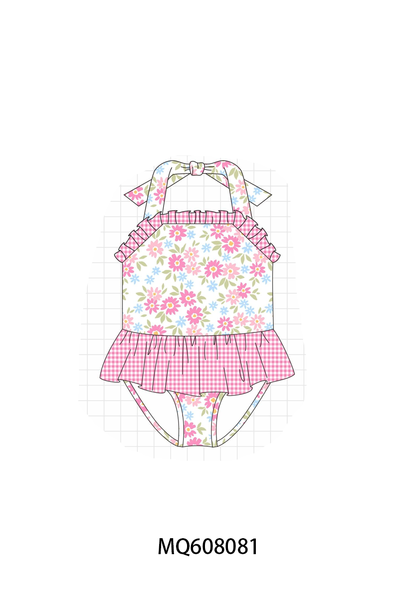 ETA MARCH 2026-po103 Pink floral print ruffle swimsuit