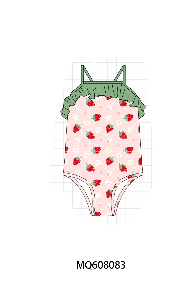 ETA MARCH 2026-po103 Pink strawberry print ruffle swimsuit