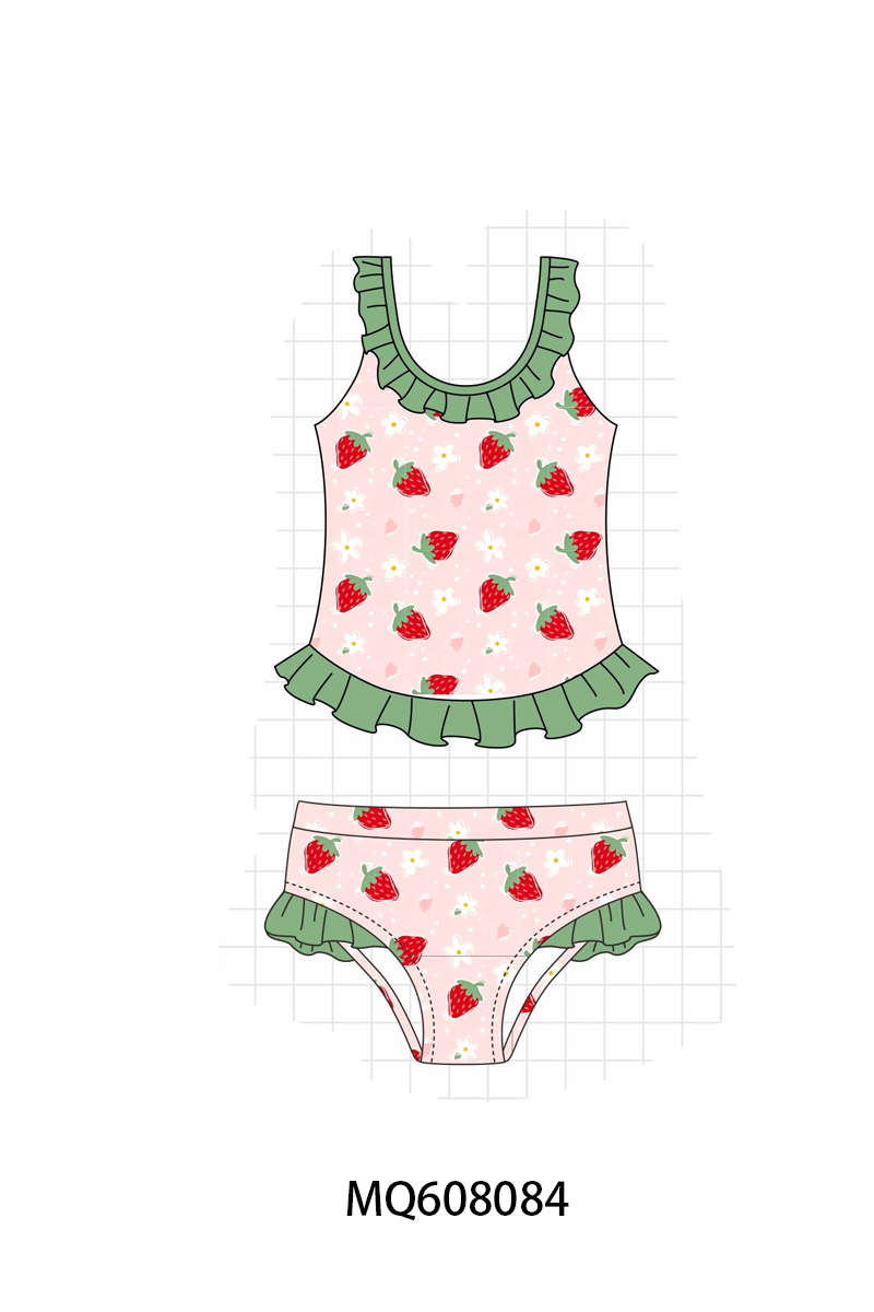 ETA MARCH 2026-po103 Pink strawberry print ruffle swimsuit