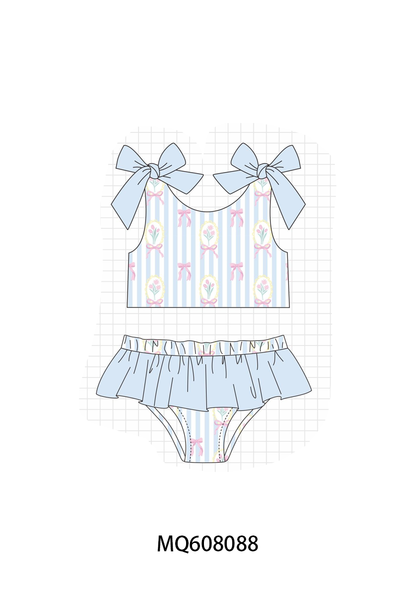 ETA MARCH 2026-po103 Blue stripe floral bow print ruffle swimsuit