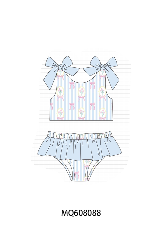 ETA MARCH 2026-po103 Blue stripe floral bow print ruffle swimsuit