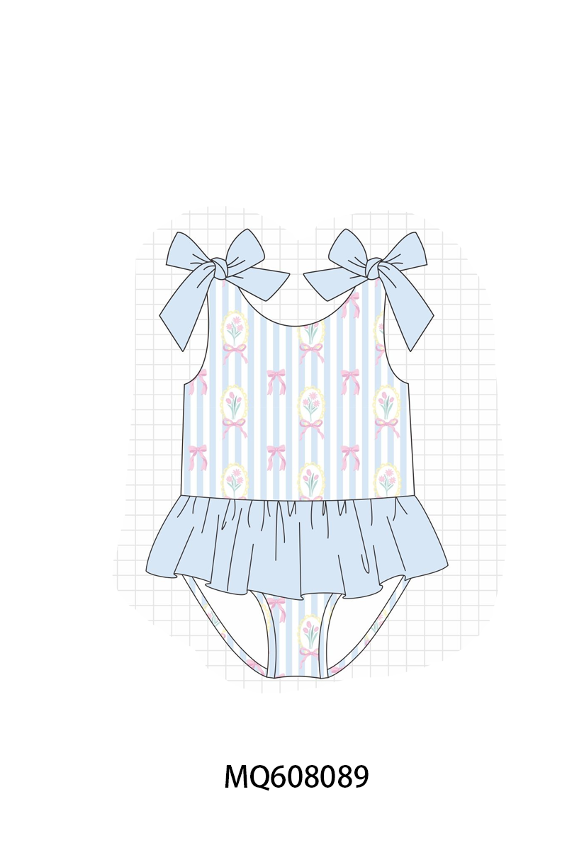 ETA MARCH 2026-po103 Blue stripe floral bow print ruffle swimsuit