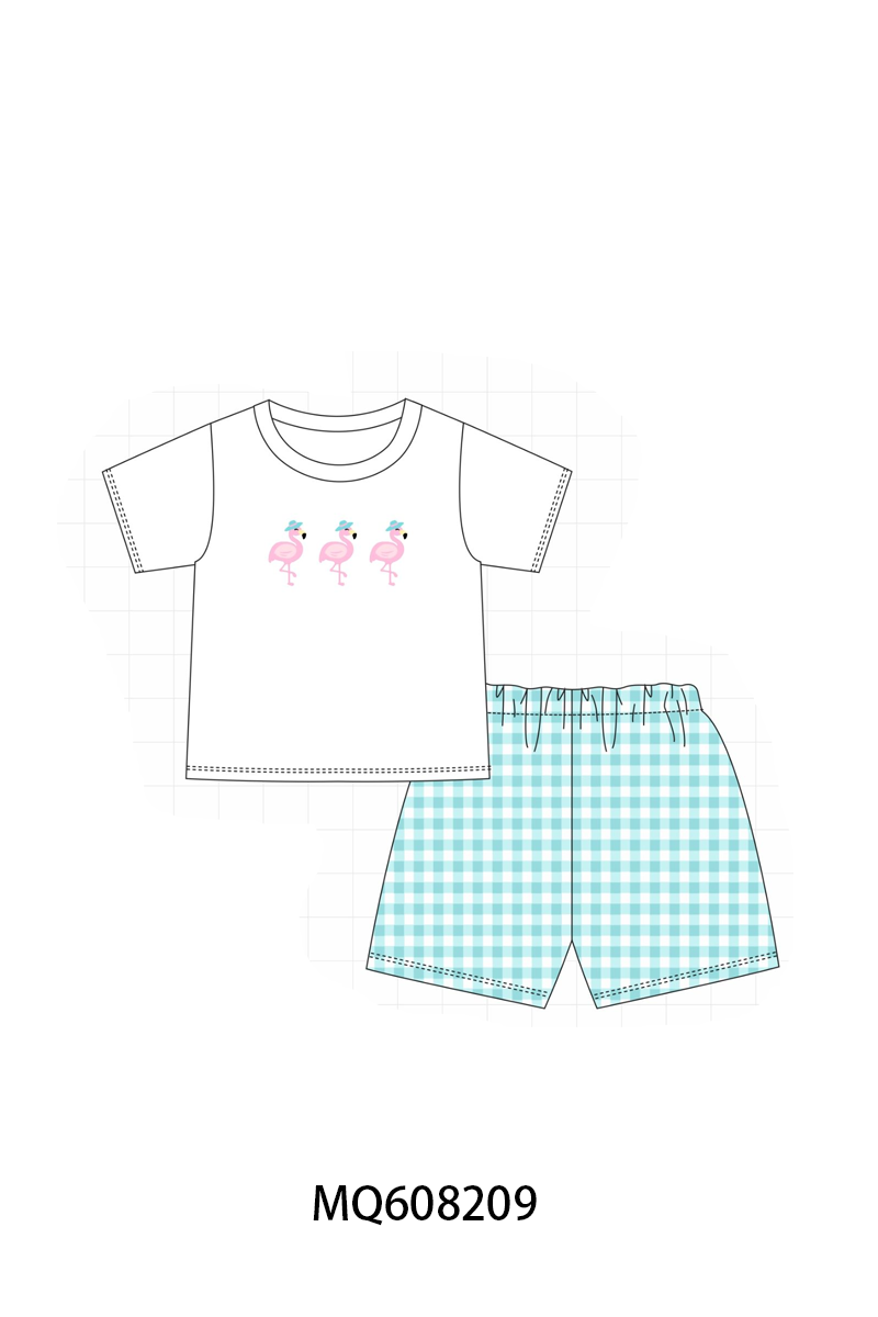 ETA MARCH 2026-po103 Teal flamingo embroidery gingham collection