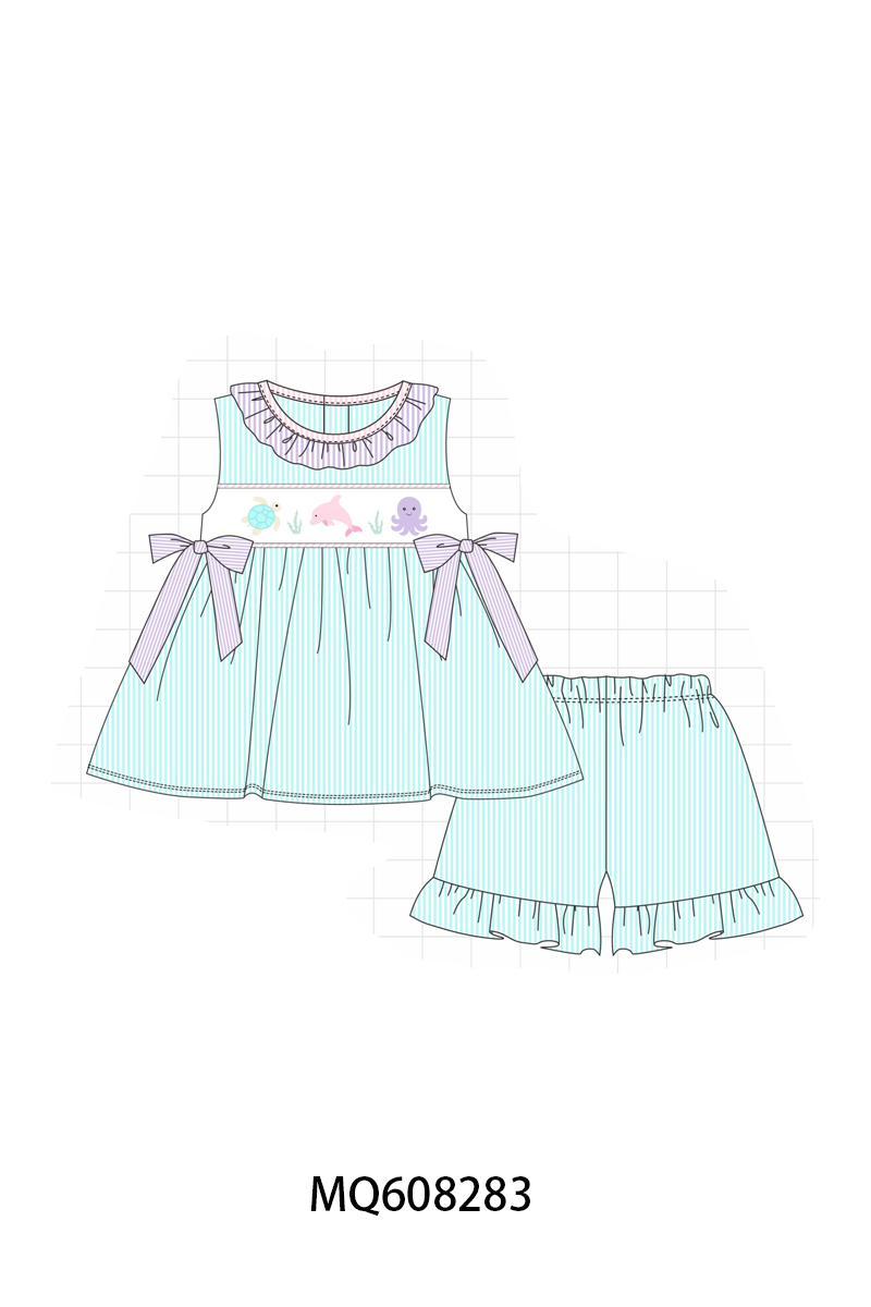 ETA MARCH 2026-po103 Mint marine creatrue embroidery seersucker ruffle collection